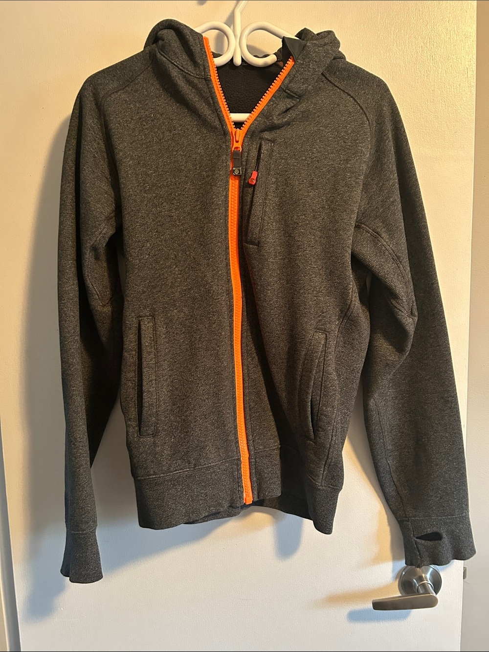 RARE- Lululemon Men’s Hooded Zip Jacket in Dark Gray with Orange Trim